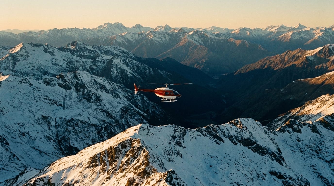 Helicóptero sobrevoando cordilheira nevada ao pôr do sol - operação de heli-skiing